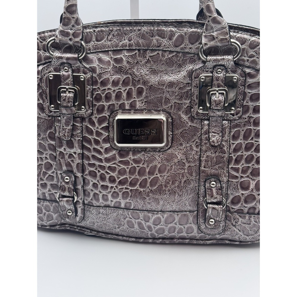 Vintage Y2K Guess Metallic Pewter Faux Croc Embossed Shoulder Bag w/ Silver HW - Picture 11 of 16